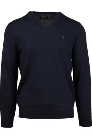 Ralph Lauren Strik, Herre, Blå, S, Uld, Blå V-Hals Sweater