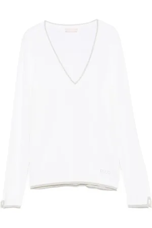 Liu Jo Strik, Dame, Hvid, XL, Hvid Sweater med Ribbed Manchetter