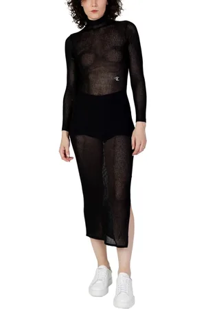 Calvin Klein Kjole, Dame, Sort, XS, Ribstrikket Midi Kjole Mock Hals