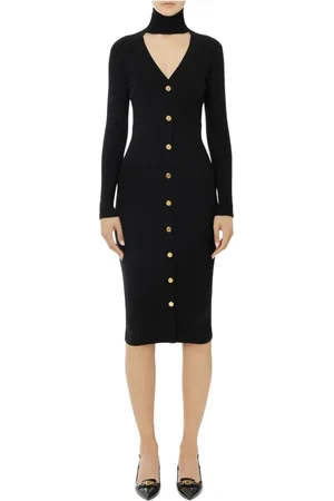 Elisabetta Franchi Kjole, Dame, Sort, S, Uld, Ribbet Midi Kjole med Lange Ærmer