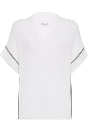 Brunello Cucinelli Strik, Dame, Hvid, S, V-hals sweater kortærmet letvægtsstrik