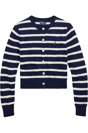 Ralph Lauren Strik, Dame, Blå, M, Bomuld, Stribet bomuldscardigan med ponybroderi