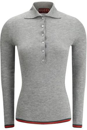 Gucci Strik, Dame, Grå, M, Cashmere, Ribstrik Polo Sweater Model 670388