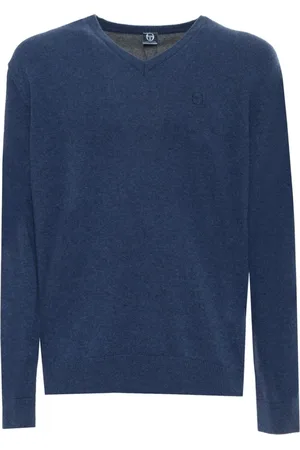 Sergio Tacchini Strik, Herre, Blå, 2XL, Uld, V-Neck Uldtrøje med Ribkanter og Synligt Logo