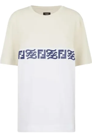 Fendi Top, Herre, Hvid, 2XL, Bomuld, Trykt Logo T-Shirt i Hvid/Beige
