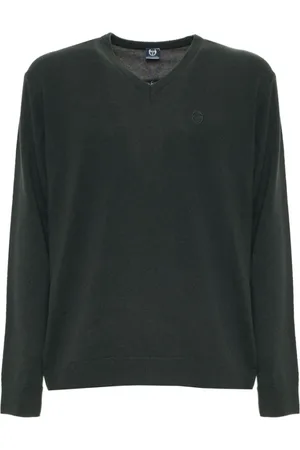 Sergio Tacchini Strik, Herre, Grøn, M, Uld, V-Neck Uldtrøje med Synligt Logo og Ribbede Kanter