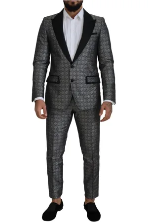 Dolce & Gabbana Jakkesæt, Herre, Grå, L, Uld, Elegant Sølv Mønstret Slim Fit Jakkesæt