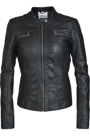ONLY Jakke, Dame, Sort, XS, Læder, Sort Faux Læder Biker Jakke