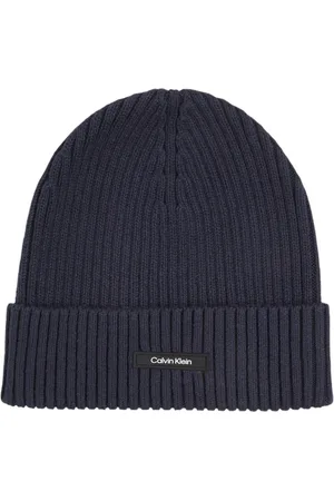 Calvin Klein Tilbehør, Herre, Blå, ONE SIZE, Bomuld, Blå Ribstrikket Beanie Kasket