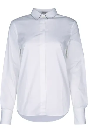 Brunello Cucinelli Bluser & Skjorter, Dame, Hvid, L, Bomuld, Bomuld Poplin Skjorte med Monili Trim