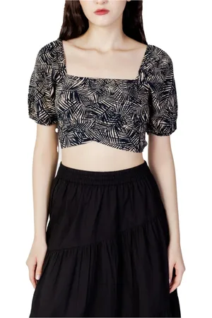 ONLY Bluser & Skjorter, Dame, Blå, L, Uld, Blå LeafPrint Crop Top Korte Ærmer