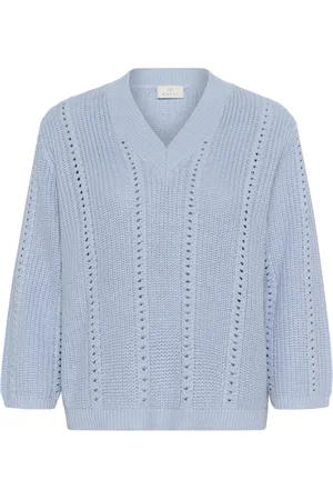 Kaffe Strik, Dame, Blå, XS, Bomuld, Blød Chambray Striktrøje med Korte Ærmer
