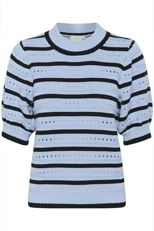 Kaffe Strik, Dame, Blå, XS, Uld, Stribet Strik Pullover Blød Chambray/Sort