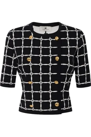 Elisabetta Franchi Strik, Dame, Sort, L, Polyester, Jacquard Logo Cardigan med gyldne knapper