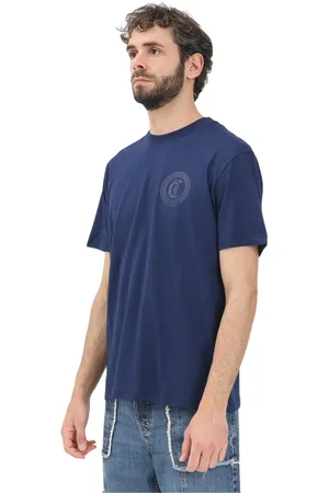 Roberto Cavalli Top, Herre, Blå, XL, Blå T-shirt med trykt logo