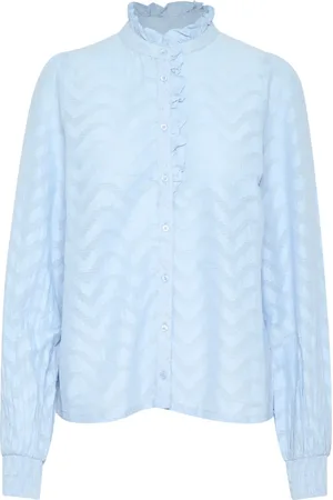 Kaffe Bluser & Skjorter, Dame, Blå, XS, Bomuld, Elegant Chambray Skjorte med Pufærmer