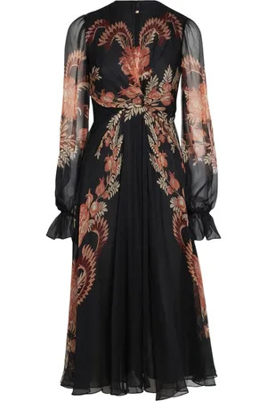 Etro Kjole, Dame, Sort, XS, Chiffon, Blomstret Foliage Print Silke Chiffon Kjole