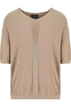 Emporio Armani Strik, Herre, , L, Bomuld, Ribbet V-hals sweater med broderet ørn