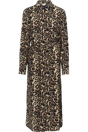 Kaffe Kjole, Dame, Flerfarvet, 3XL, Uld, Leopard Print Skjortekjole