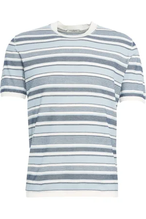 Paolo Pecora Strik, Herre, Flerfarvet, M, Blå Stribet Strikket Crew Neck T-shirt