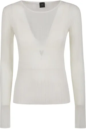Pinko Strik, Dame, Hvid, XS, Bomuld, Hvid Ribstrikket Rundhals Sweater