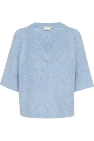 Kaffe Strik, Dame, Blå, XL, Uld, Blød Chambray V-Hals Pullover Sweater