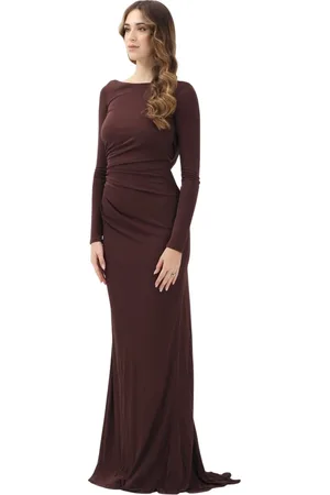 Elisabetta Franchi Kjole, Dame, Brun, M, Uld, Brun Lang Kjole Bådhals Åben Ryg