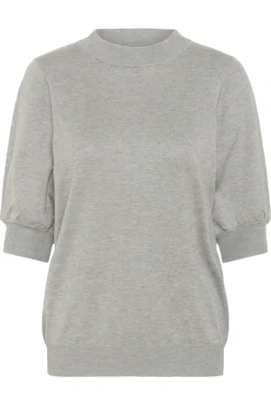 Kaffe Top, Dame, Grå, 2XL, Uld, Feminin Plisseret Pullover Sweater Grå Melange