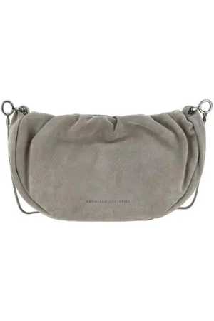 Brunello Cucinelli Taske, Dame, Grå, ONE SIZE, Uld, Skulder taske med juvel-pyntet rem og rynket top