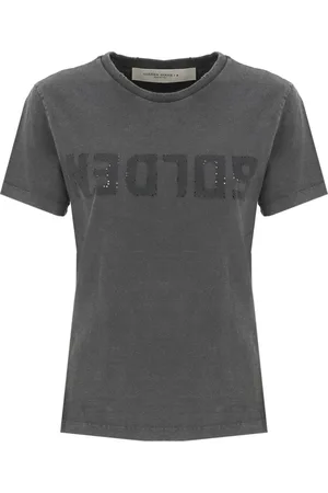 Golden Goose Top, Dame, Grå, M, Bomuld, Bomulds T-shirt med Rund Hals og Logo Patch