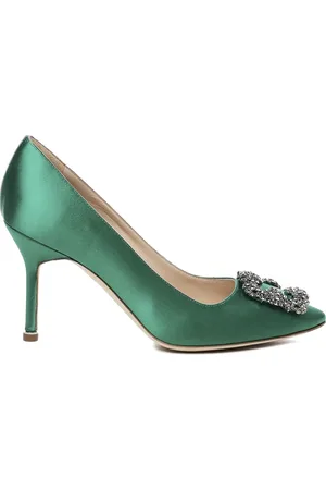 Manolo Blahnik Sko, Dame, Grøn, 39 1/2 EU, Satin, Grønne satinpumps med krystal spænde