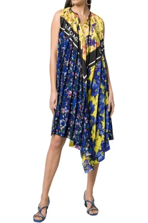 Balenciaga Kjole, Dame, Flerfarvet, XS, Polyester, Blå Blomstret Kjole med Tørklæde og Asymmetrisk Kant