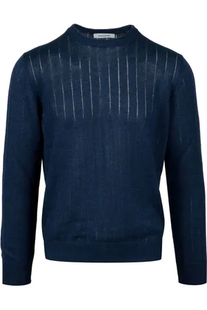 Gran Sasso Strik, Herre, Blå, 2XL, Bomuld, Linen og bomulds sweater med fletninger