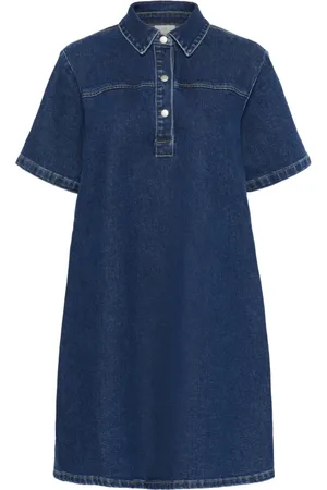 Kaffe Kjole, Dame, Blå, M, Denim, Denim Kjole med Skjortekrave