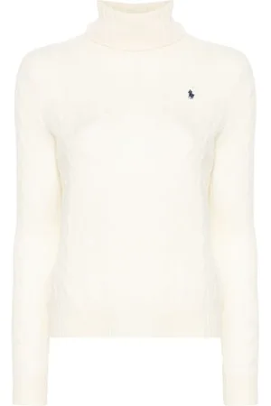 Ralph Lauren Strik, Dame, Hvid, XL, Uld, Uld og Cashmere Kabelstrikket Rullekrave Sweater