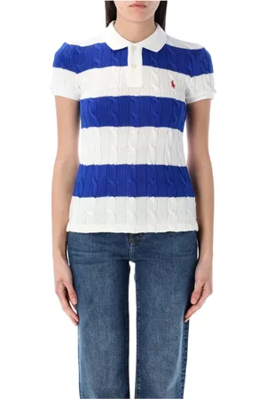 Ralph Lauren Strik, Dame, Blå, S, Bomuld, Stribet polo-shirt med kabelstrik