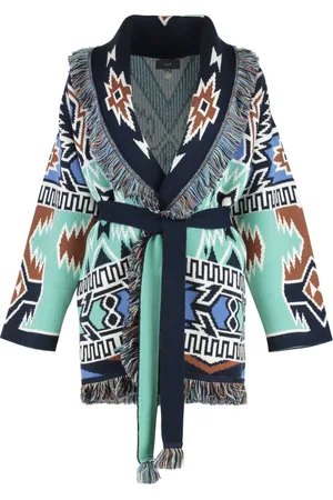 Alanui Strik, Dame, Flerfarvet, M, Uld, Geometric Roots Cardigan med frynser