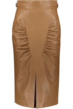 Gucci Nederdel, Dame, Brun, XS, Læder, Elegant midi-nederdel med rynk på siden