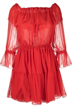 Gucci Kjole, Dame, Rød, S, Uld, Rose Off-Shoulder Silkekjole