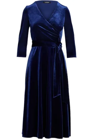 Ralph Lauren Kjole, Dame, Blå, XS, Polyester, A-Line Velvet Midi Kjole