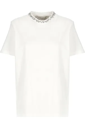 Golden Goose Top, Dame, Hvid, M, Bomuld, Hvid T-shirt med krystaldetaljer og rund hals