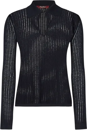 Max Mara Top, Dame, Sort, L, Uld, Sort Ribbet Polo Sweater