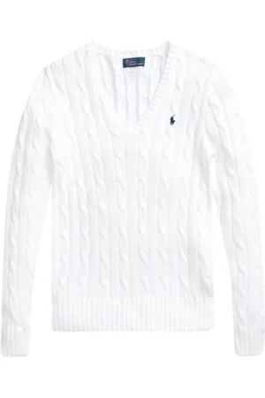 Ralph Lauren Strik, Dame, Hvid, 2XL, Bomuld, Cable-Knit V-Neck Sweater