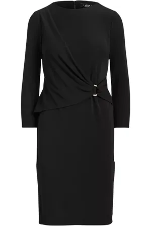 Ralph Lauren Kjole, Dame, Blå, M, Polyester, Elegant Sort Strikket Midi Kjole