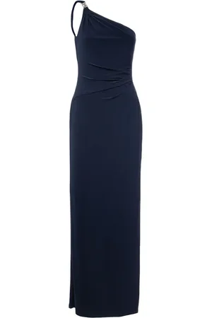 Ralph Lauren Kjole, Dame, Blå, XL, Uld, One-Shoulder Lang Kjole