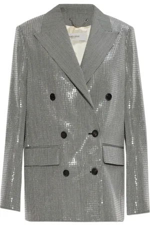 Golden Goose Jakke, Dame, Grå, XS, Uld, Grå blazer med tern og sølvfarvede knapper
