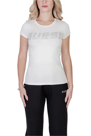 Guess Top, Dame, Hvid, L, Bomuld, Hvid T-shirt med print, korte ærmer