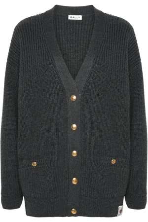 Bally Strik, Dame, Grå, XS, Uld, Kraftig strikket sweater med logo-knapper