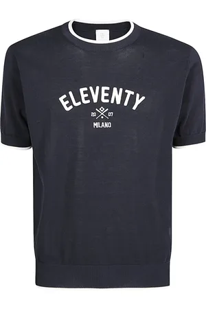 ELEVENTY Strik, Herre, Blå, L, Bomuld, Broderet Bomuld Crewneck T-shirt