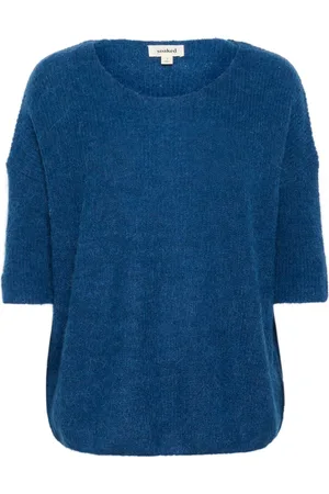 Soaked in Luxury Strik, Dame, Blå, XL, Uld, Blå Strikbluse med 3/4 Ærmer